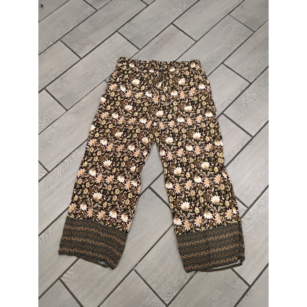 Love Wish Women 1X Floral Wide Leg Pants Black Green Boho Drawstring Rayon 1X
